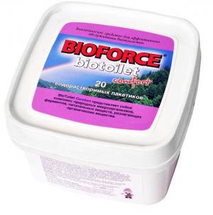 Биологическое средство для биотуалетов Bioforce BioToilet Comfort (20x28г) 560г Bioforce BioToilet Comfort представляет собой концентрированную смесь полезных природных бактерий, питательных веществ, аминокислот, минералов, ферментов. Препарат предназначен для обезвреживания и утилизации отходов жизнедеятельности человека. 