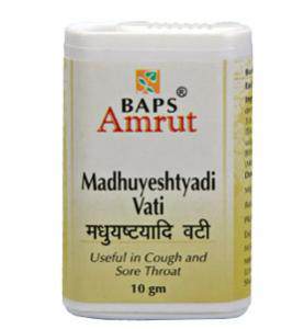Madhuyeshtyadi Vati Baps Amrut 10 гр – против кашля и боли в горле. Baps Amrut Madhuyeshtyadi Vati является классическим противо-кашлевым препаратом из Аюрведы. Он помогает при воспалении горла и дыхательных путей, предотвращает дальнейшее  образовании макроты, следовательно  успокаивает раздраженное горло  и обеспечивает  облегчение при кашле.