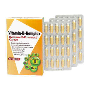 САЛЮС ВИТАМИН-В-Комплекс, 60 капсул по 380 мг (в картонной пачке)  Дополнительный источник витаминов В1, В2, ниацина, В6, В12, пантотеновой кислоты, биотина.
Биологически активная добавка к пище (не является лекарством).