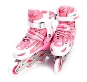 Коньки роликовые детские раздвижные, размер M (розовые) (Roller skates, M (pink)) 