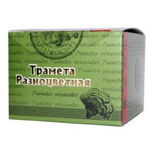 Трамета гриб экстракт 30 г  Трамета (Trametes) разноцветная (versicolor) – это сильнодействующее растение – гриб. Само слово Трамета в переводе с латыни – означает «тонкий». Гриб живет в симбиозе с деревьями, покрывая местами его ствол разноцветными волнистыми шляпками. Сами шляпки тонкие, не более 3 мм в толщину, имеют разные цвета от ярко красного, до оранжевого, со светлой окантовкой по краям. Своей пестрой расцветкой гриб напоминает хвост индюшки. Это и определило его второе название - Turkey Tail. 