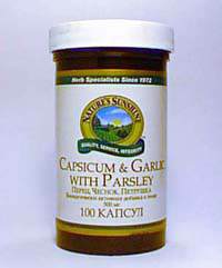 Перец, Чеснок, Петрушка (Capsicum Garlic Parsley) 100 капс. (продукция компании NSP (НСП)) Рекомендуется при простудных и воспалительных заболеваниях (фарингитах, тонзилитах, отитах, артритах, пневмониях, бронхитах и т.д.), гипертонической болезни, атеросклерозе, инфаркте миокарда, ишемической болезни сердца, тромбофлебите, варикозном расширении вен,