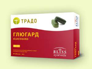 ГЛЮГАРД ВА 10 (GLUCOGARD) 
Используется при всех типах сахарного диабета в составе комплексной терапии. У людей с избыточным потреблением сладкого, мучного или находящихся на высокоуглеводных диетах (лица с интенсивным физическим трудом) - универсальным профилактическим средством, поддерживающим функции поджелудочной железы длительное время. Аюрведическое действие - нормализует Питта, усиливает выведение обменных токсинов углеводов из крови (Racta).

