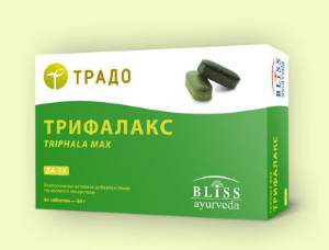 ТРИФАЛАКС ВА 35 (TRIPHALA MAX) 
Трифала – уникальный аюрведический комплекс, выводящий собственные отходы обмена веществ. Компоненты Трифалакса, называемые Миробаланами (3 разновидности), являются хитом очищения кишечника (Виджайя Харитаки).Практически все пограничные ткани человека представлены различными видами слизистых (эпителий) – слизистая рта, желудка, кишечника и т.п. Образование слизи – это универсальный механизм защиты клеток. Любое внешнее воздействие на клеточку пограничного эпителия вызывает защитную реакцию в виде выделения слизи – так наши клетки защищают себя от повреждений.
