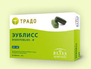 ЭУБЛИСС ВА 48 (DIGESTOBLISS-R) 
Единственный биологически - активный комплекс, содержащий металлическую медь, которая регулирует количество патогенной и условно - патогенной микрофлоры в кишечнике человека. Вместе с компонентами, стимулирующими размножение полезных микроорганизмов, Эублисс является незаменимым универсальным комплексом поддержания баланса микрофлоры кишечника и регуляции работы желудочно-кишечного тракта.
