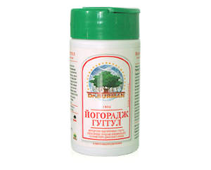 Йогорадж Гуггул (Yograj Guggulu) (продукция компании Дабур (Индия)) Одна из древнейших аюрведических фиторецептур. Многокомпонентный состав (56 компонентов) восстанавливает и обеспечивает нормальную работу опорно-двигательной системы, налаживает работу почек, потовых и сальных желез. Улучшает работу ферментов поджелудочной железы и тонкого кишечника, устраняет застой в желчевыводящей системе печени. Омолаживающее и восстанавливающее средство.