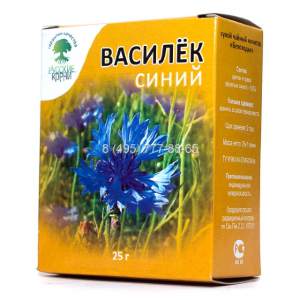 Василек синий (цветки и трава), 25 гр.  Показаниями к применению препаратов, содержащих василек синий, являются:

- Кашель, простудные заболевания;
- Отеки сердечного и почечного происхождения;
- Нефрит, цистит, уретрит;
- Заболевания печени и желчевыводящих путей (желтуха, колики, желчная лихорадка);
- Подагра;
- Для улучшения пищеварения;
- Глазные заболевания (куриная слепота, блефарит, конъюнктивит, слабость зрения);
- Кожные заболевания (экзема, фурункулез, трофические язвы);
- Глисты. 