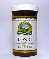 БОН-Си / Bon-C 100 капс. (продукция компании NSP (НСП)) БОН-Си / Bon-C 100 капс. это комплекс лекарственных растений (коровяк, подорожник, тысячелистник, рехмания) с большим содержанием солей кальция укрепляет опорно-двигательный аппарат, профилактика и лечение остеопороза.