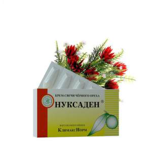 КРЕМ-СВЕЧИ «НУКСАДЕН» КЛИМАКСНОРМ Состав: какао-масло, плоды черного ореха, красная щётка, цимицифуга, диоскорея, боровая матка, красный корень, золотой корень, таволга, дудник китайский.