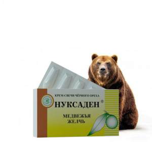 КРЕМ-СВЕЧИ «НУКСАДЕН» МЕДВЕЖЬЯ ЖЕЛЧЬ Состав: какао-масло, плоды черного ореха, медвежья желчь.