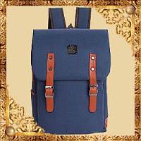Городской рюкзак синий с кожаными ремешками