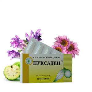 КРЕМ-СВЕЧИ «НУКСАДЕН» ИММУНИТЕТ Состав: какао-масло, СО-2 экстракты: плодов чёрного ореха, золотого уса, лабазника вязолистного, календулы, эхинацеи, экстракт корня шлемника байкальского, плодов маклюры, омелы белой.